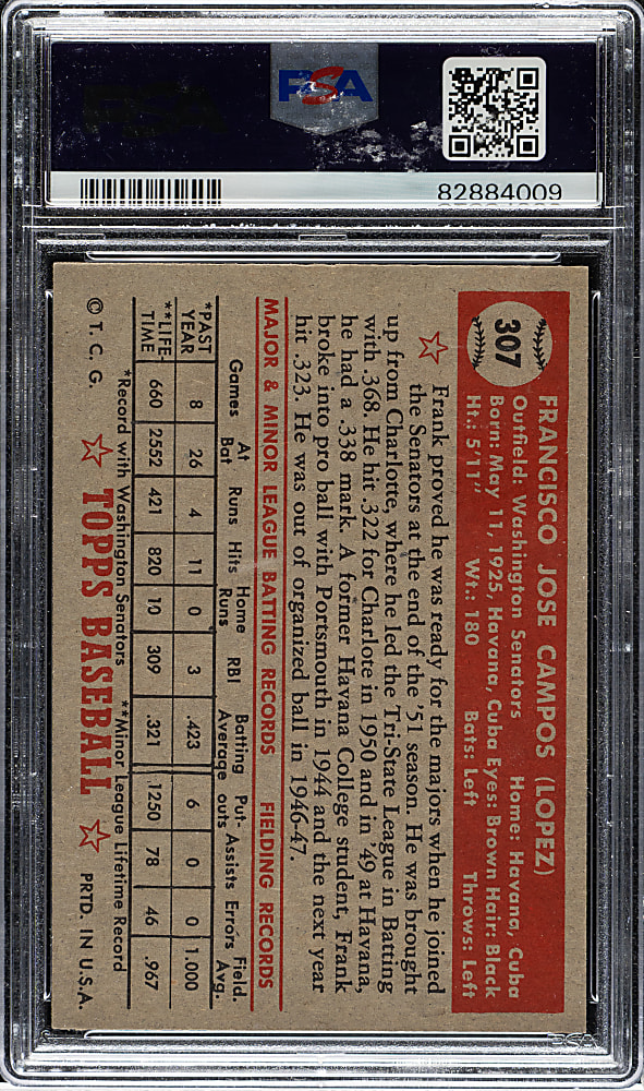 1952 Topps #307 Frank Campos PSA NM-MT 8