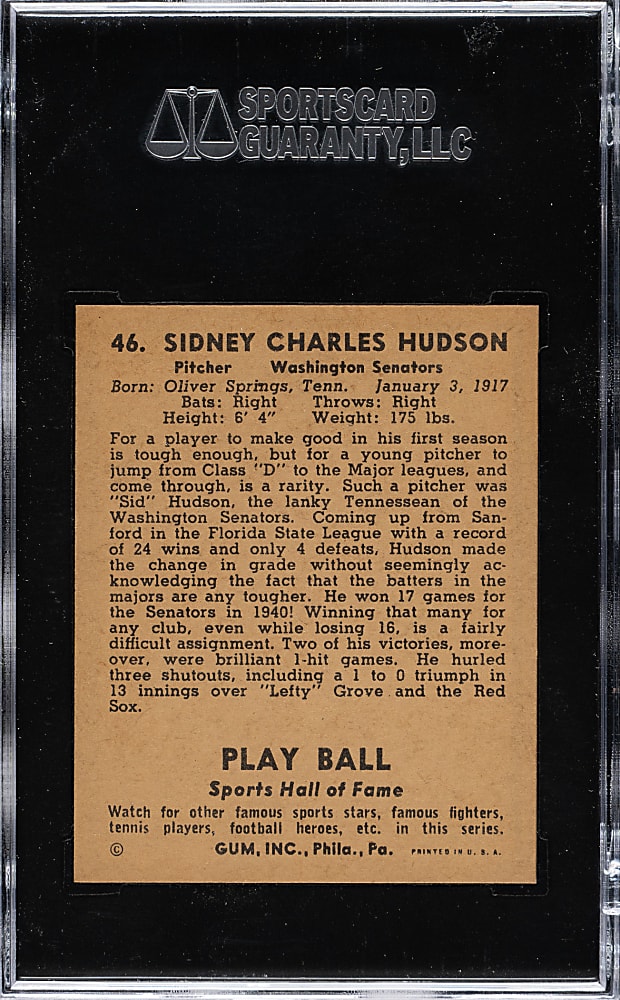 1941 R336 Play Ball #46 Sid Hudson SGC MINT 9 - 1 of 1 - Highest Graded!
