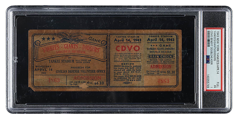 April 14, 1943 New York Yankees, New York Giants, and Brooklyn Dodgers Full Ticket PSA POOR 1 - CDVO Benefit Doubleheader - The Only Known Example!