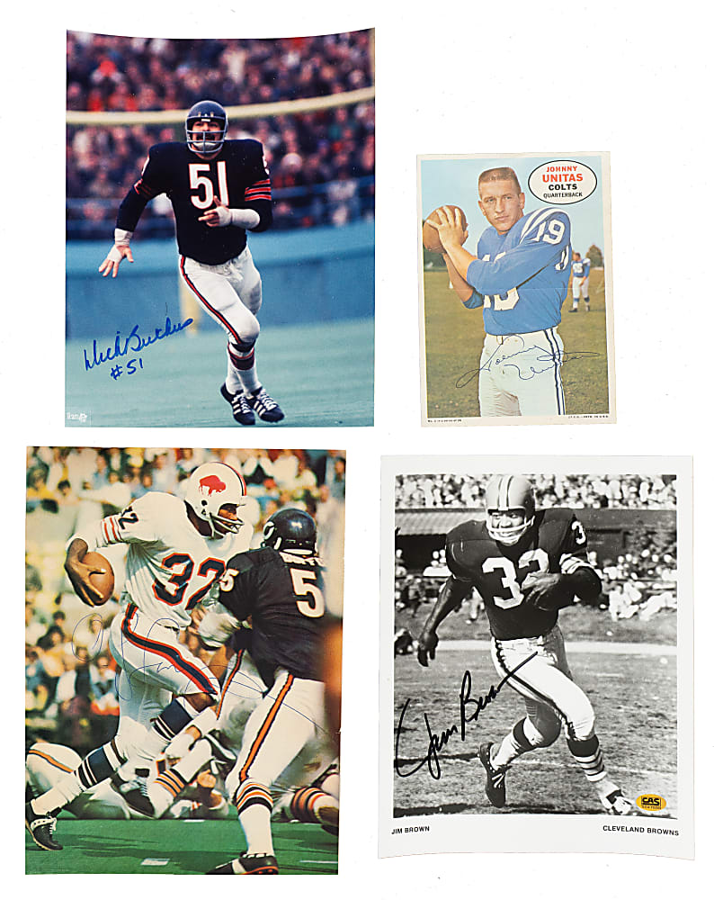 Football Hall of Famers and Stars Signed Photograph and Magazine Page Collection (58) Including Halas, Hinkle, Kinard, Nagurski, and Strong