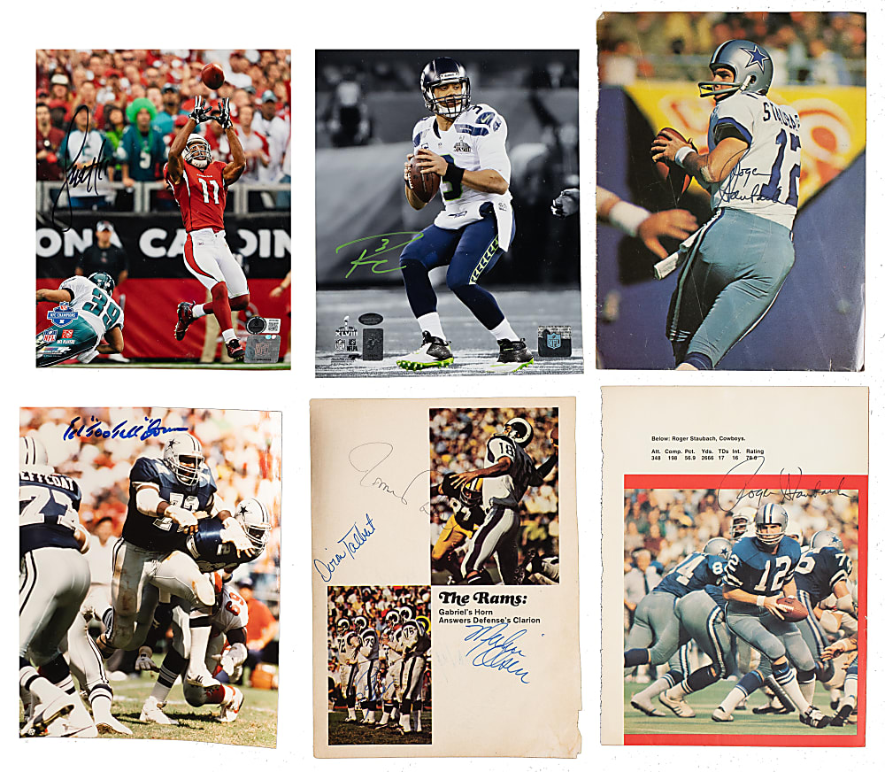 Football Hall of Famers and Stars Signed Photograph and Magazine Page Collection (58) Including Halas, Hinkle, Kinard, Nagurski, and Strong