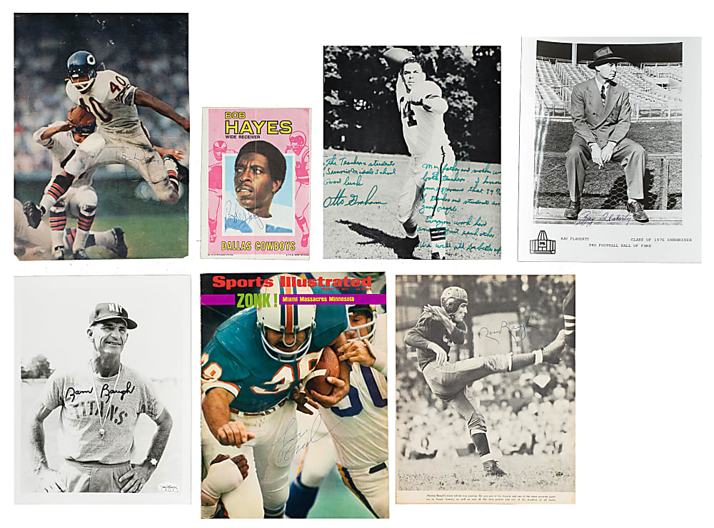 Football Hall of Famers and Stars Signed Photograph and Magazine Page Collection (58) Including Halas, Hinkle, Kinard, Nagurski, and Strong