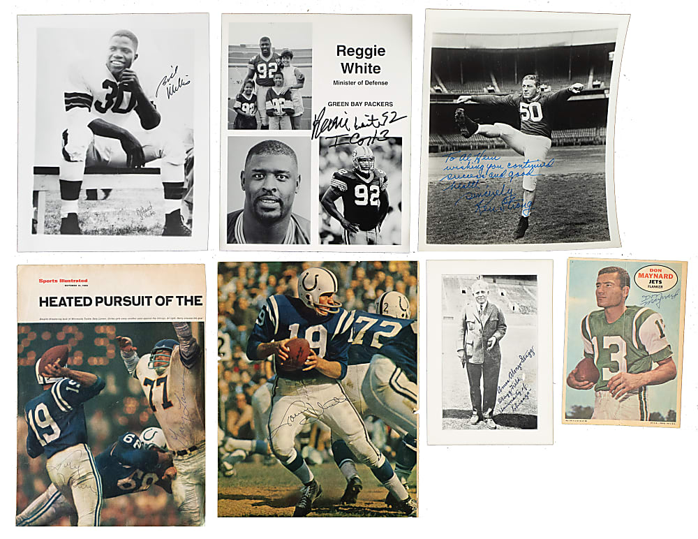 Football Hall of Famers and Stars Signed Photograph and Magazine Page Collection (58) Including Halas, Hinkle, Kinard, Nagurski, and Strong