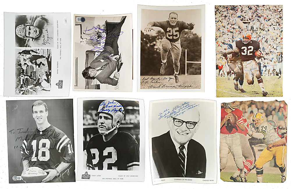 Football Hall of Famers and Stars Signed Photograph and Magazine Page Collection (58) Including Halas, Hinkle, Kinard, Nagurski, and Strong