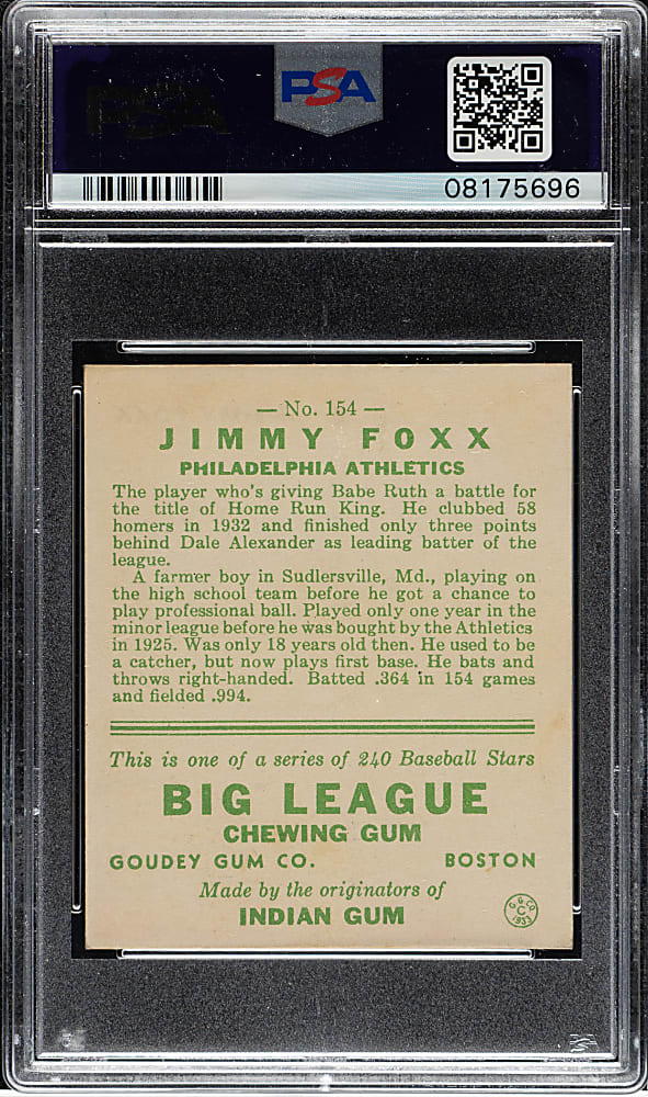 1933 R319 Goudey #154 Jimmy Foxx PSA NM 7
