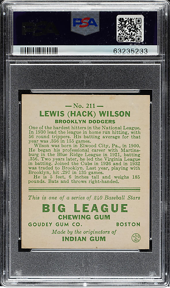 1933 R319 Goudey #211 Hack Wilson PSA NM 7