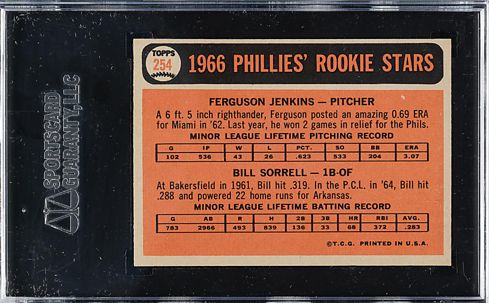 1966 Topps #254 Fergie Jenkins Rookie SGC GEM MINT 10 - 1 of 3!