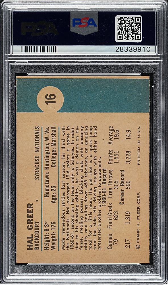 1961-1962 Fleer Basketball #16 Hal Greer Rookie PSA MINT 9