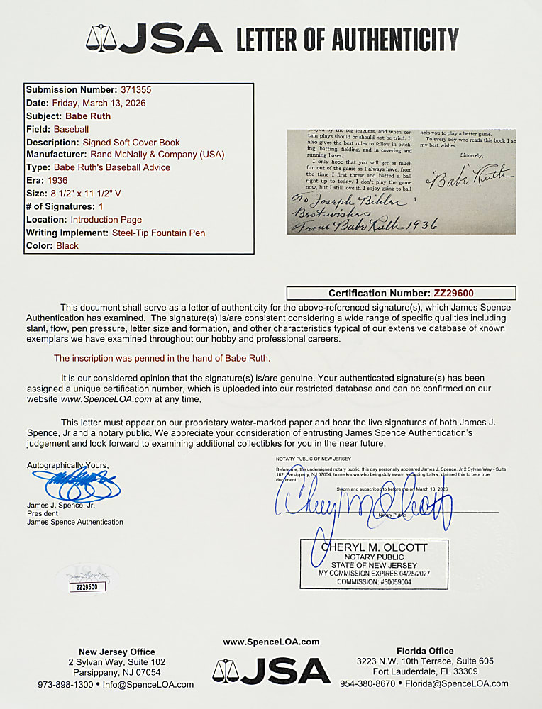 1936 "Babe Ruth's Baseball Advice" - Signed and Inscribed by Babe Ruth - JSA (Ex-Barry Halper Collection)