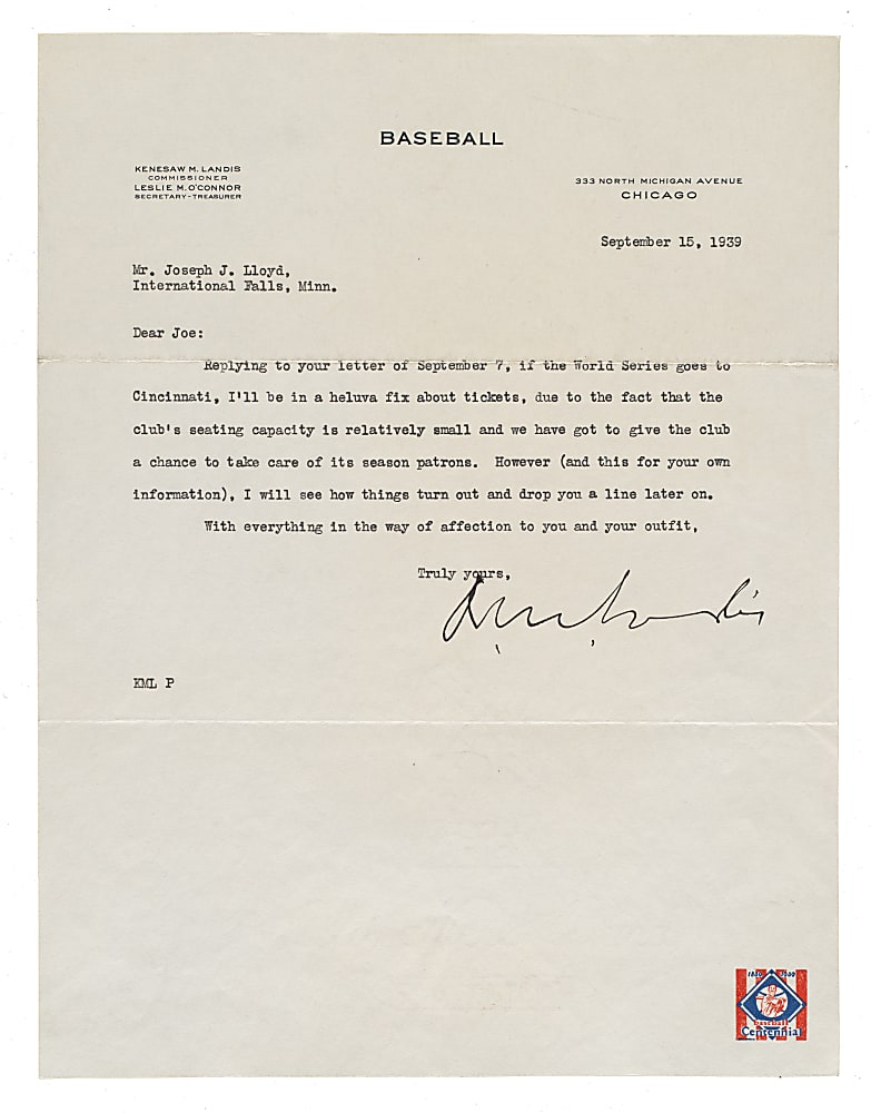 1939 Kenesaw M. Landis Signed Letter