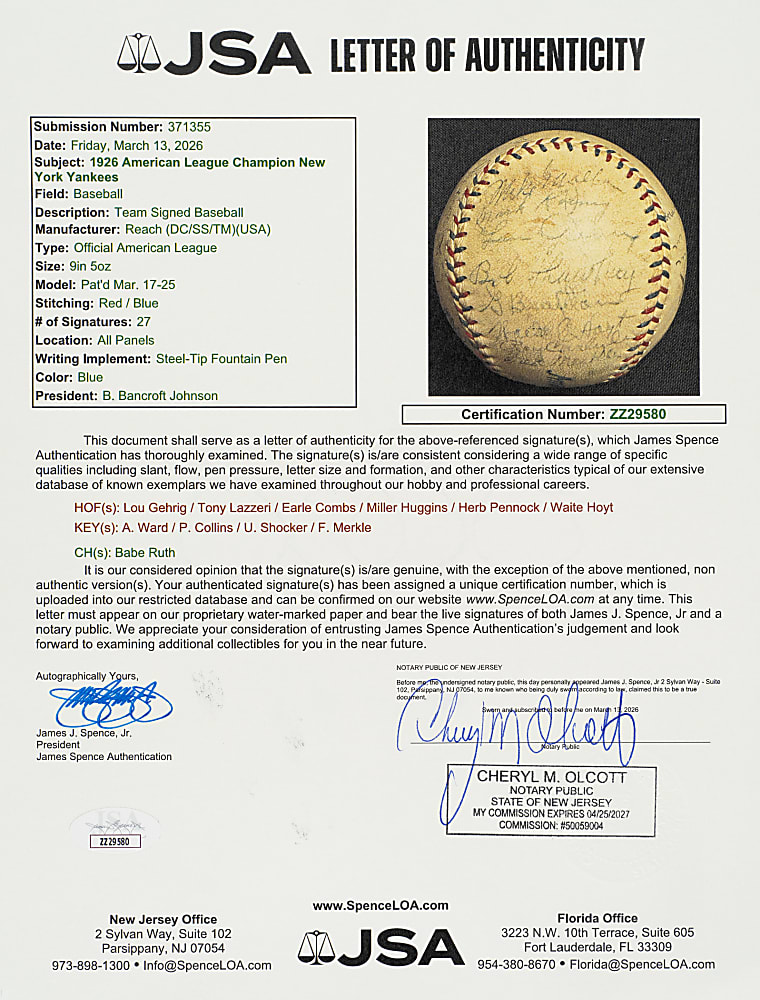 1926 New York Yankees American League Champions Team-Signed Baseball with Lou Gehrig and Miller Huggins - From the Urban Shocker Collection