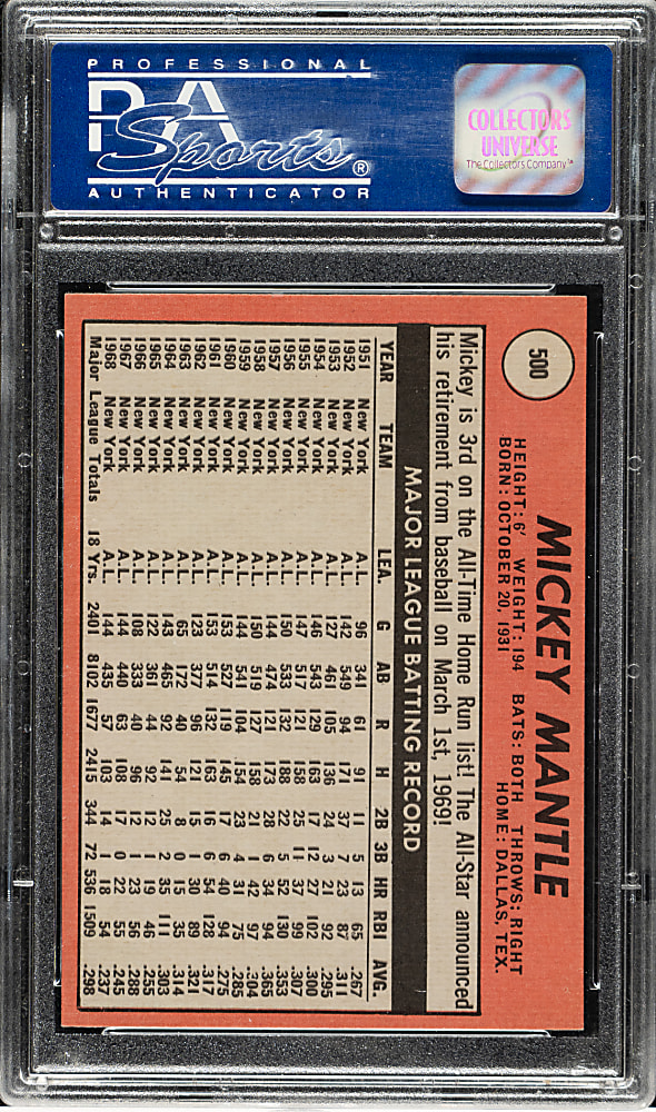 1969 Topps #500 Mickey Mantle PSA NM 7