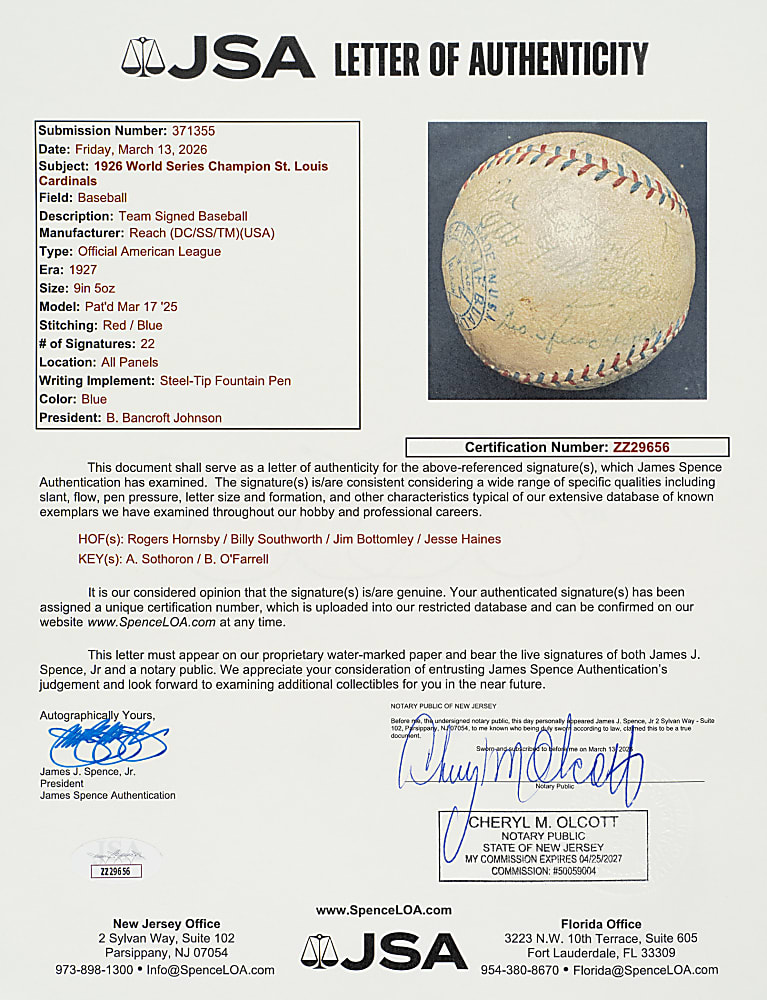 1926 St. Louis Cardinals World Champions Team-Signed Baseball with Hornsby, Bottomley, and Southworth - JSA - From the Urban Shocker Collection