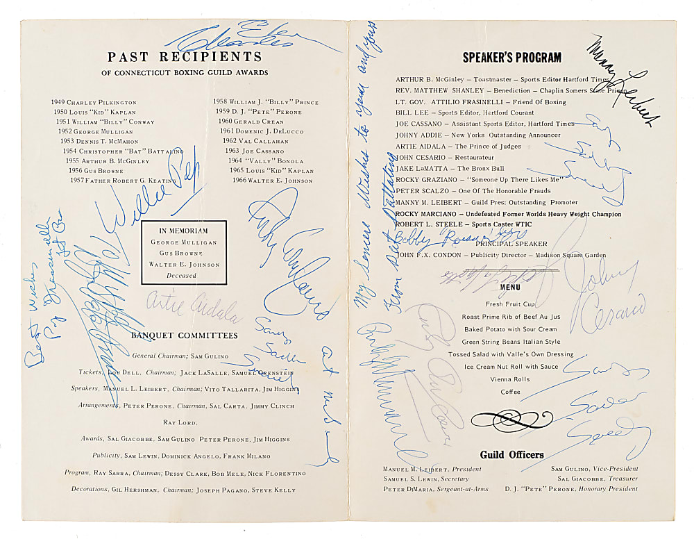 1948 Connecticut Boxing Guild 19th Annual Banquet Multi-Signed Program with Rocky Marciano, Willie Pep, Rocky Graziano, and Jake LaMotta - PSA/DNA