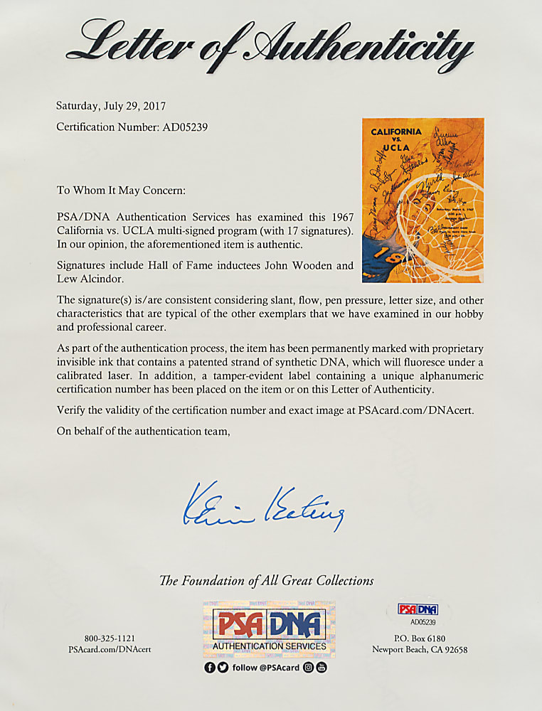 1967 California vs. UCLA Multi-Signed Program with John Wooden and Lew Alcindor - PSA/DNA
