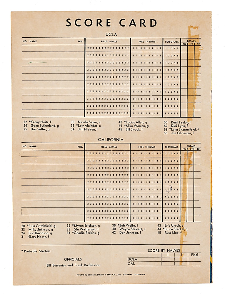 1967 California vs. UCLA Multi-Signed Program with John Wooden and Lew Alcindor - PSA/DNA