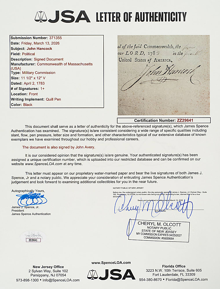 1783 John Hancock Signed Military Appointment - JSA