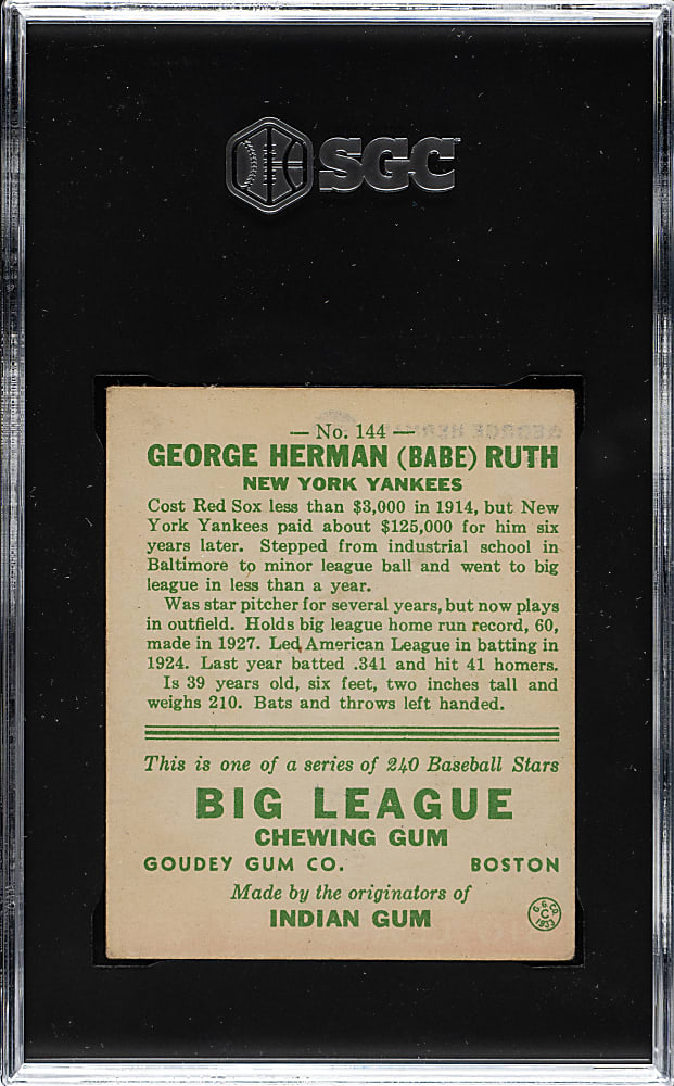 1933 R319 Goudey #144 Babe Ruth SGC VG/EX 4