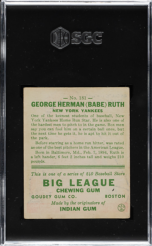 1933 R319 Goudey #181 Babe Ruth SGC VG/EX 4