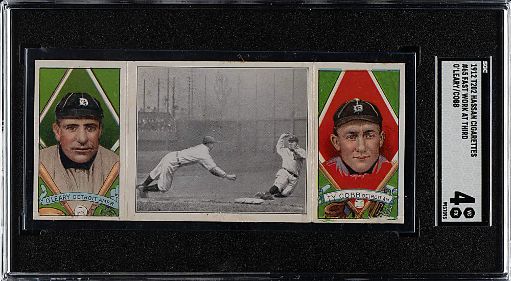 1912 T202 Hassan Triple Folder "Fast Work at Third" Ty Cobb/O'Leary SGC VG/EX 4