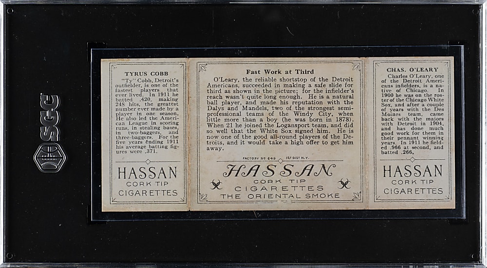 1912 T202 Hassan Triple Folder "Fast Work at Third" Ty Cobb/O'Leary SGC VG/EX 4