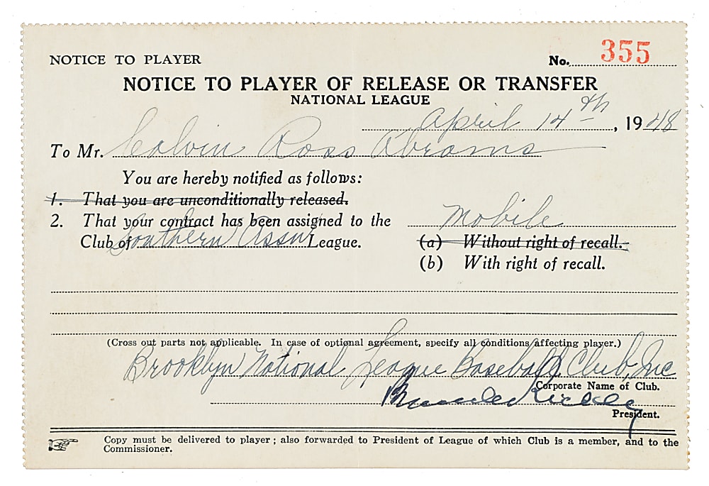 1948 Cal Abrams Brooklyn Dodgers Player-Transfer Notice Signed by Branch Rickey