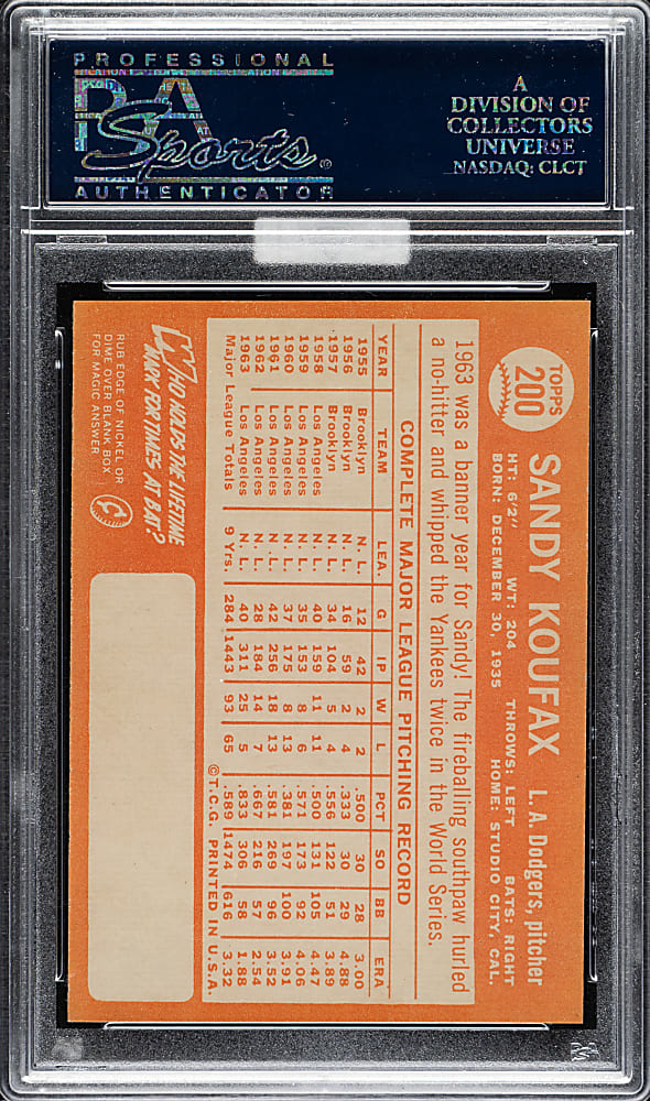 1964 Topps #200 Sandy Koufax PSA NM-MT 8 (MBA Gold Diamond)