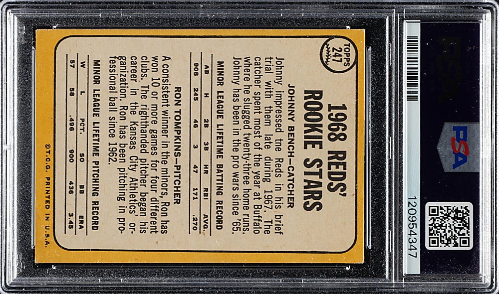 Signed 1968 Topps #247 Johnny Bench Rookie PSA/DNA GEM MINT 10