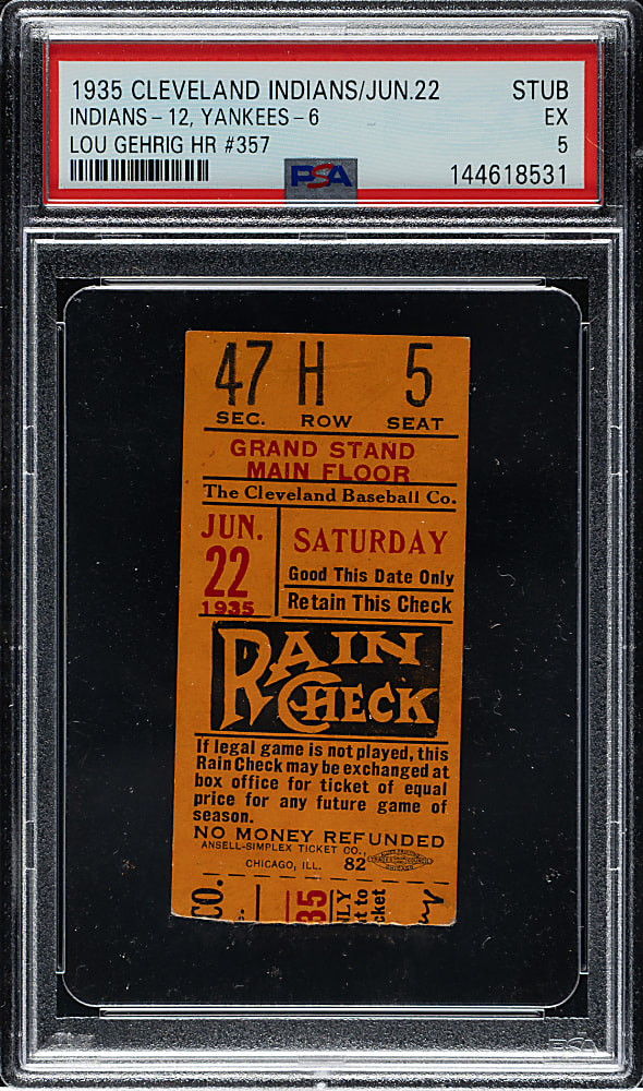 June 22, 1935 Cleveland Indians (vs. New York Yankees) Ticket Stub PSA 5 - Lou Gehrig Home Run #357 - 1 of 1 - Highest Graded!