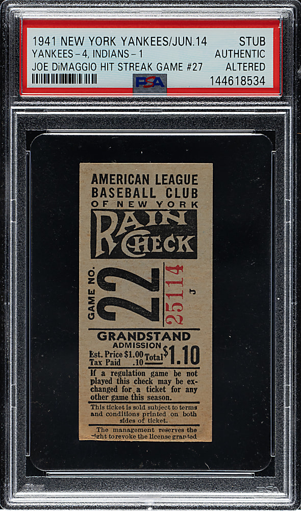 June 14, 1941 New York Yankees (vs. Cleveland Indians) Ticket Stub - PSA - Joe DiMaggio 27th Consecutive Game Hit Streak