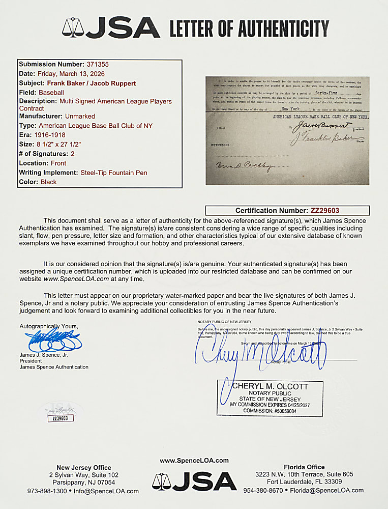 1916-1918 Frank Baker New York Yankees Contract - Also Signed by Jacob Ruppert - JSA