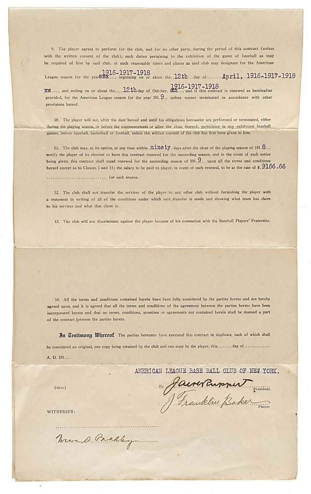 1916-1918 Frank Baker New York Yankees Contract - Also Signed by Jacob Ruppert - JSA