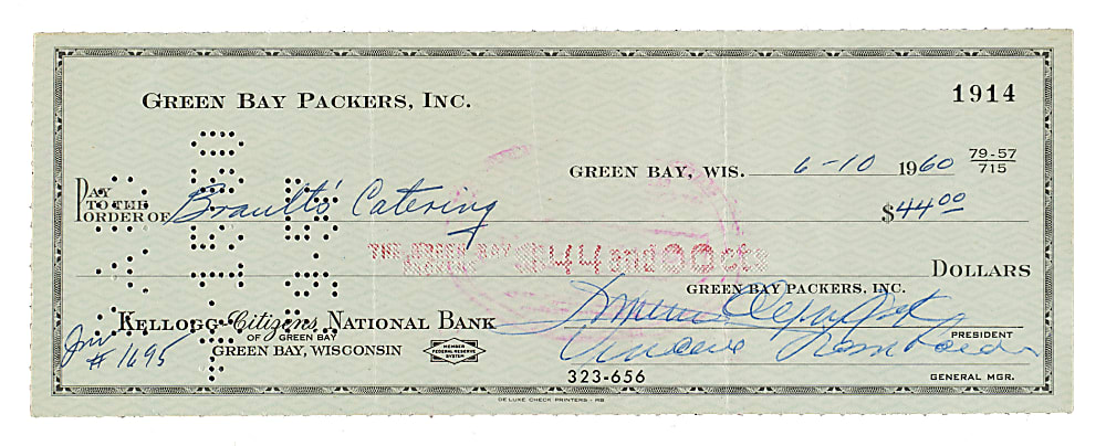 1960 Vince Lombardi Signed Green Bay Packers Check - JSA