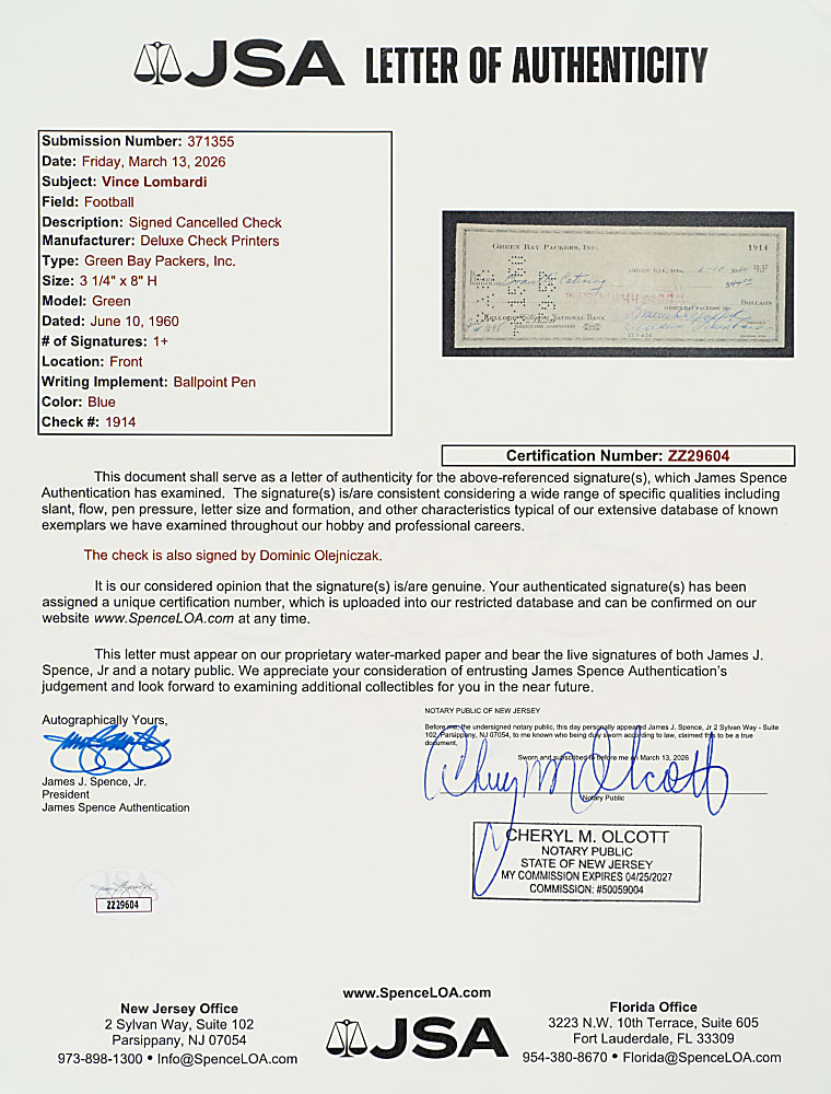 1960 Vince Lombardi Signed Green Bay Packers Check - JSA