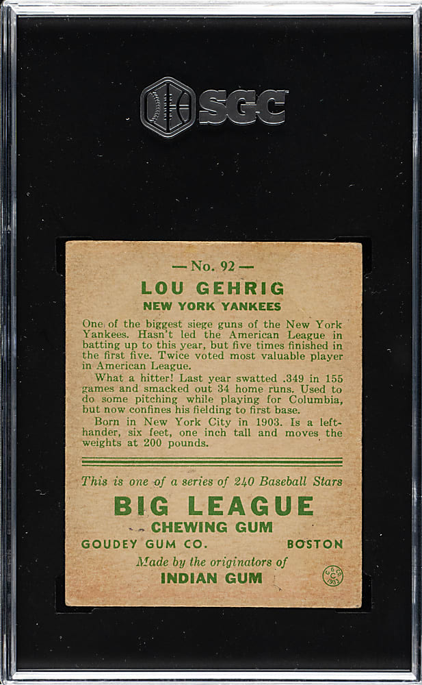 1933 R319 Goudey #92 Lou Gehrig SGC VG/EX 4