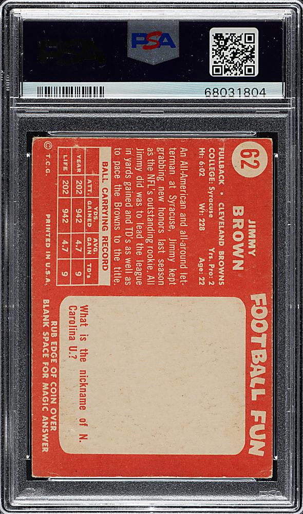 1958 Topps Football #62 Jim Brown Rookie PSA VG 3