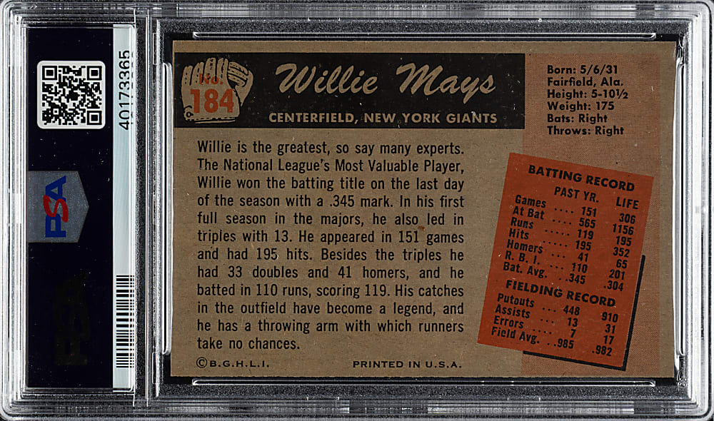 1955 Bowman #184 Willie Mays PSA NM-MT 8