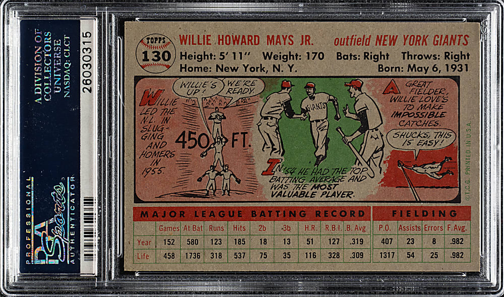 1956 Topps #130 Willie Mays Gray Back PSA NM-MT+ 8.5