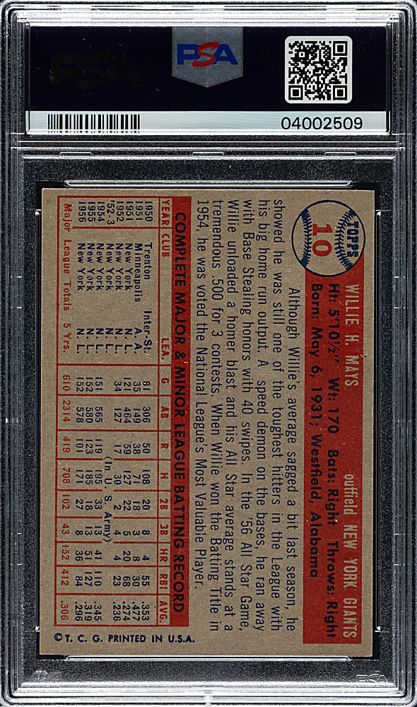 1957 Topps #10 Willie Mays PSA NM-MT 8