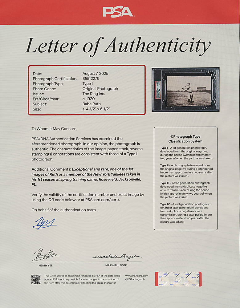 Circa 1920 Babe Ruth Spring Training Original Photograph PSA/DNA Type I - First Season as a Yankee