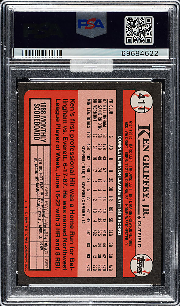 Signed 1989 Topps Traded #41T Ken Griffey Jr. Rookie PSA GEM MINT 10 (MBA Silver Diamond)