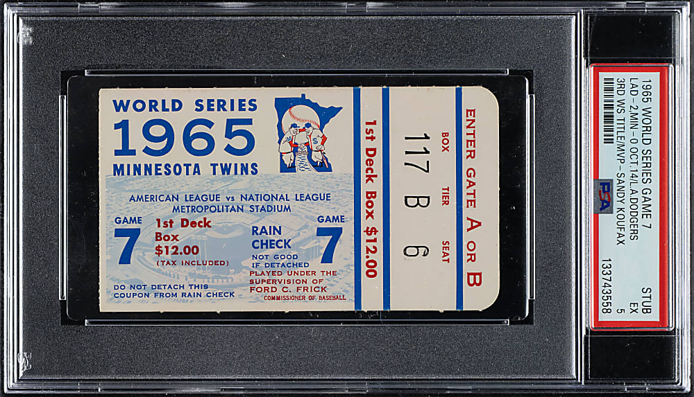 1965 Minnesota Twins (vs. Los Angeles Dodgers) World Series Game 7 Ticket Stub PSA EX 5 - Sandy Koufax MVP and Third World Series Title