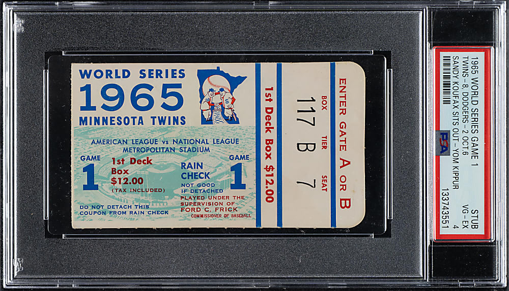 1965 Minnesota Twins (vs. Los Angeles Dodgers) World Series Game 1 Ticket Stub PSA VG-EX 4 - Sandy Koufax Sits Out for Yom Kippur