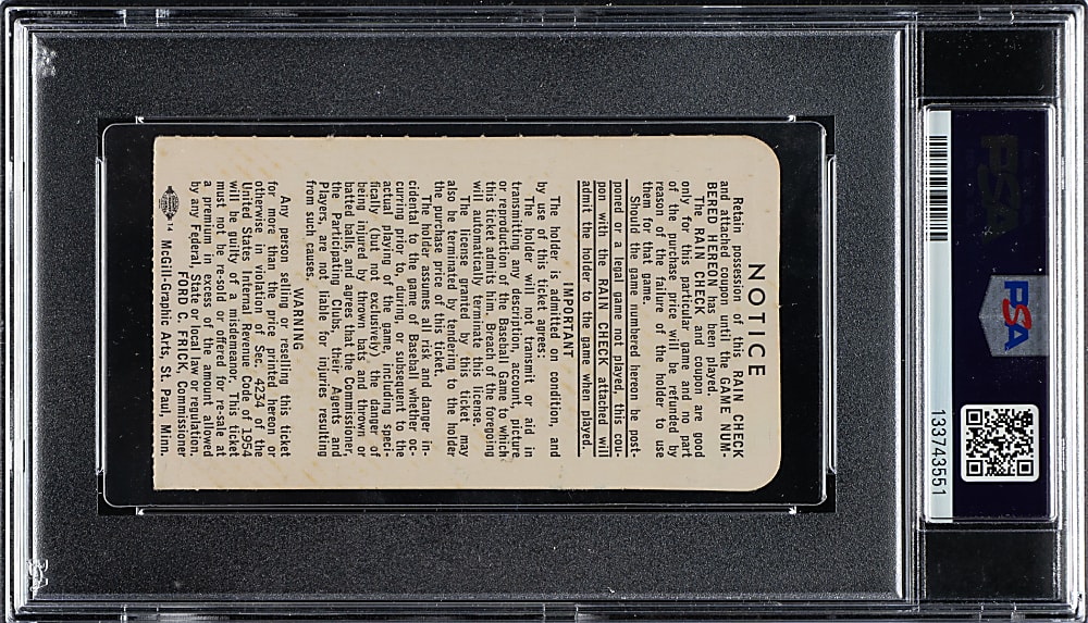 1965 Minnesota Twins (vs. Los Angeles Dodgers) World Series Game 1 Ticket Stub PSA VG-EX 4 - Sandy Koufax Sits Out for Yom Kippur