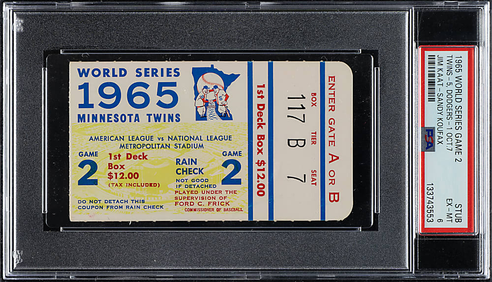 1965 Minnesota Twins (vs. Los Angeles Dodgers) World Series Game 2 Ticket Stub PSA EX-MT 6 - Jim Kaat vs. Sandy Koufax