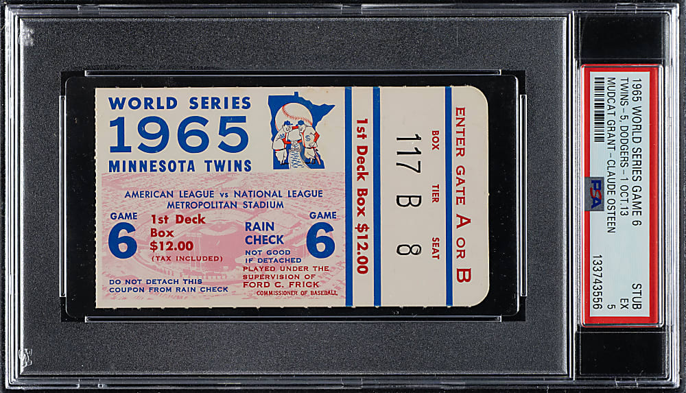 1965 Minnesota Twins (vs. Los Angeles Dodgers) World Series Game 6 Ticket Stub PSA EX 5