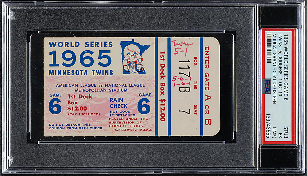 1965 Minnesota Twins (vs. Los Angeles Dodgers) World Series Game 6 Ticket Stub PSA EX 5 (MK)