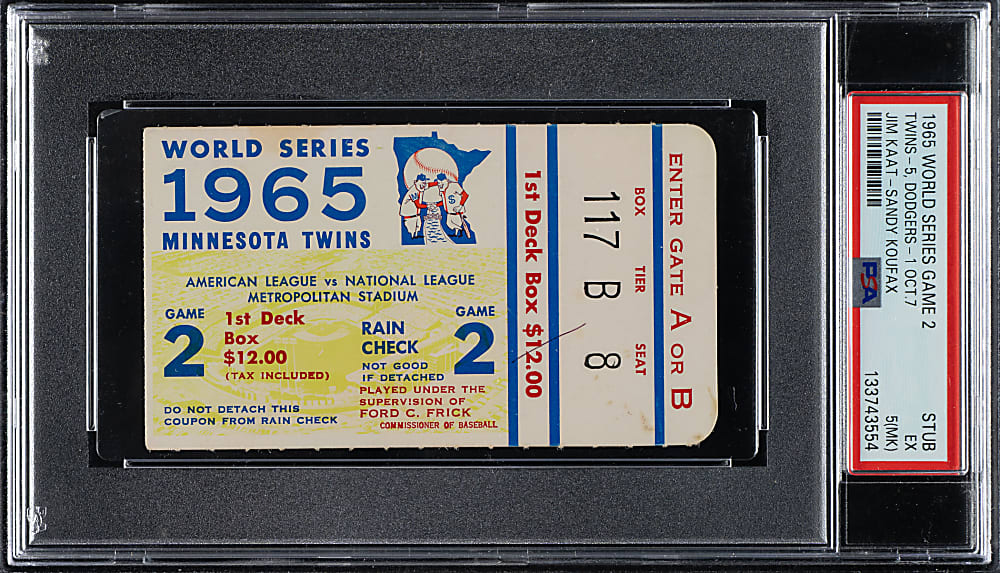 1965 Minnesota Twins (vs. Los Angeles Dodgers) World Series Game 2 Ticket Stub PSA EX 5 (MK) - Jim Kaat vs. Sandy Koufax