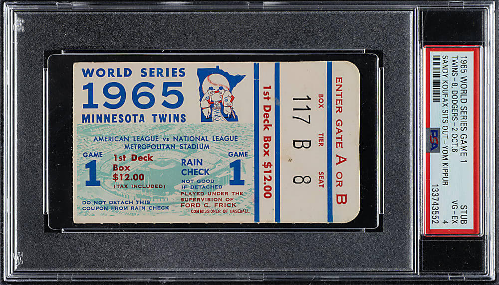 1965 Minnesota Twins (vs. Los Angeles Dodgers) World Series Game 1 Ticket Stub PSA VG-EX 4 - Sandy Koufax Sits Out for Yom Kippur