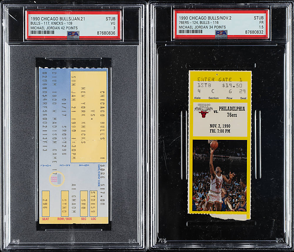 1990 Chicago Bulls Ticket Stub Pair - Michael Jordan Scores 34 and 42 Points